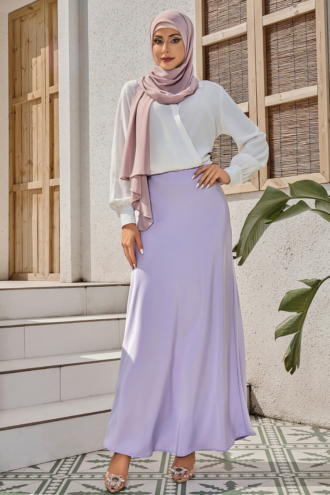 Woman in modest fashion wearing Lilac Satin Maxi Skirt on clearance sale