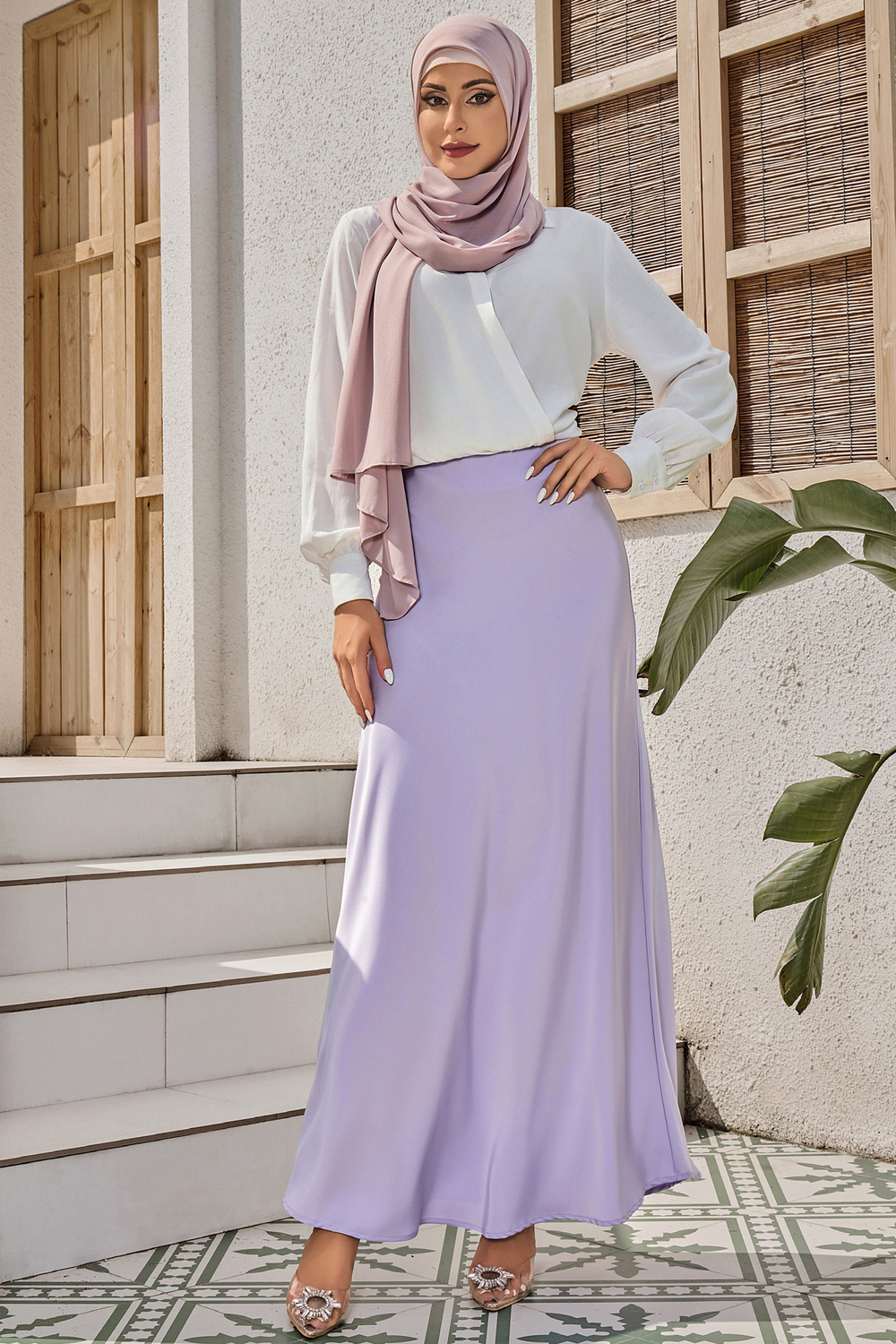 Woman wearing a Lilac Satin Maxi Skirt in stylish modest fashion attire