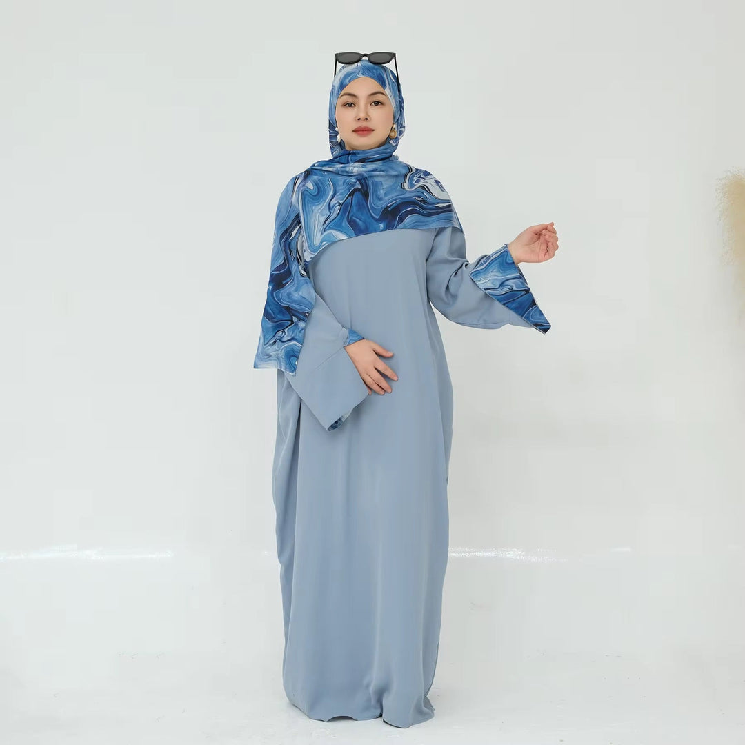 Marbled Hijab and Abaya Set - Small / Blue - Maxi Dresses