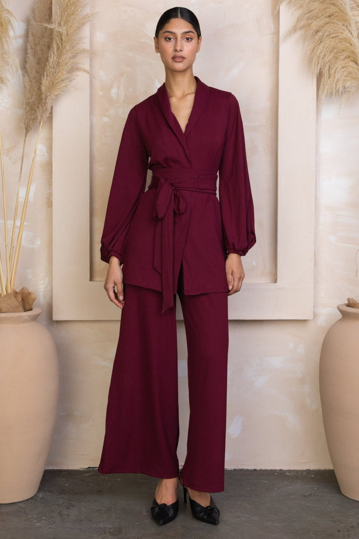 Burgundy wrap-style pantsuit featured in Maroon Belted Ribbed Tunic & Pants Set