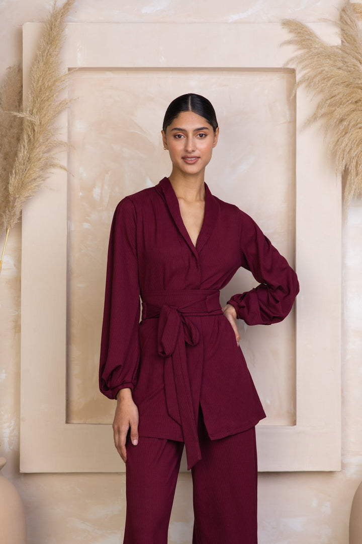 Burgundy wrap-style pantsuit from the Maroon Belted Ribbed Tunic & Pants Set collection