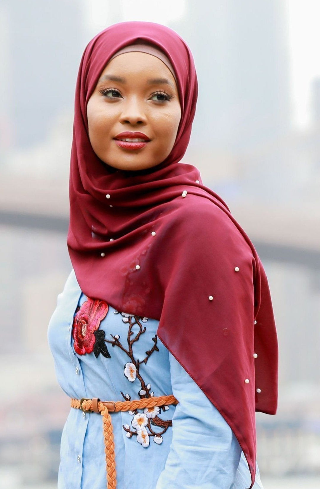 Maroon Pearl Chiffon Hijab