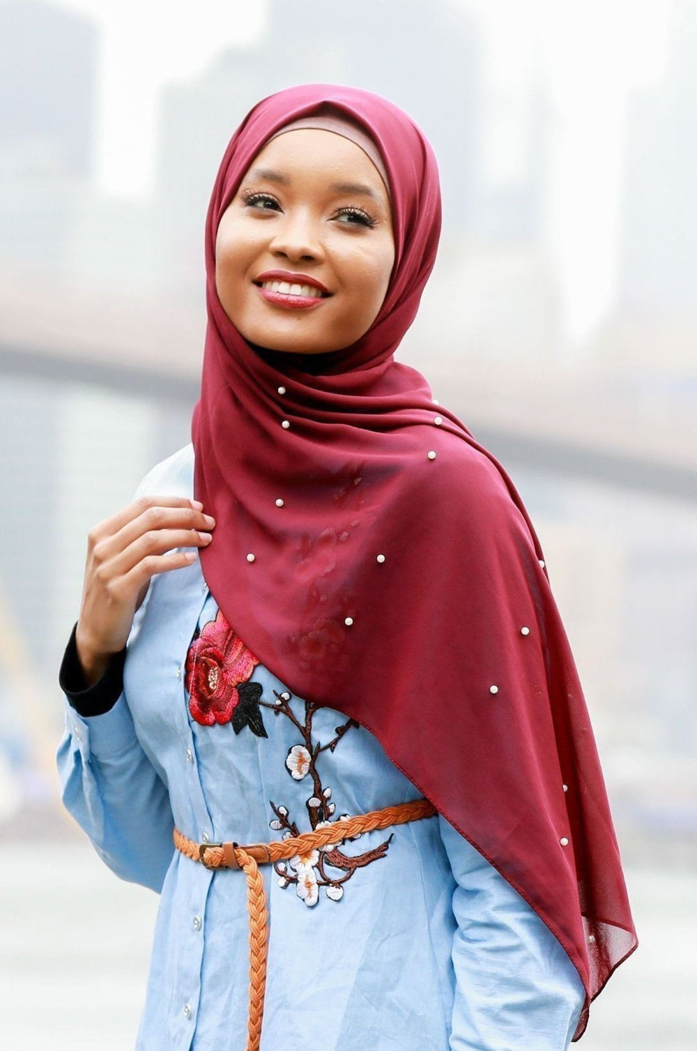 Burgundy Pearl Chiffon Hijab with elegant pearl accents for a stylish look