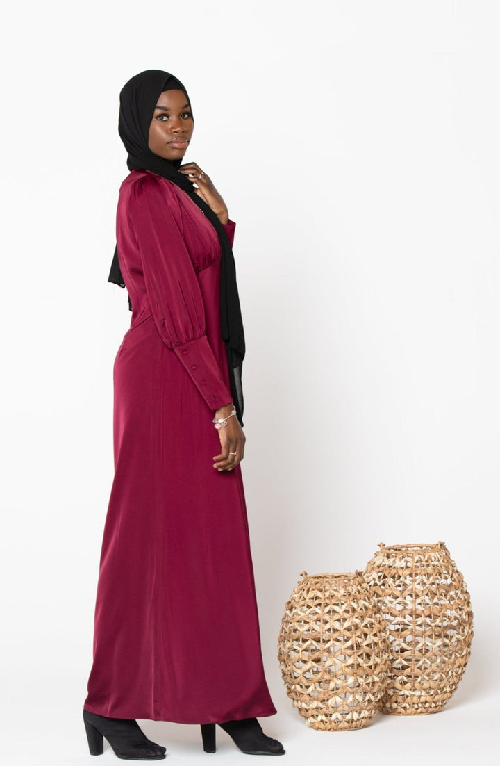 Burgundy satin long sleeve maxi dress with matching hijab for elegant styling