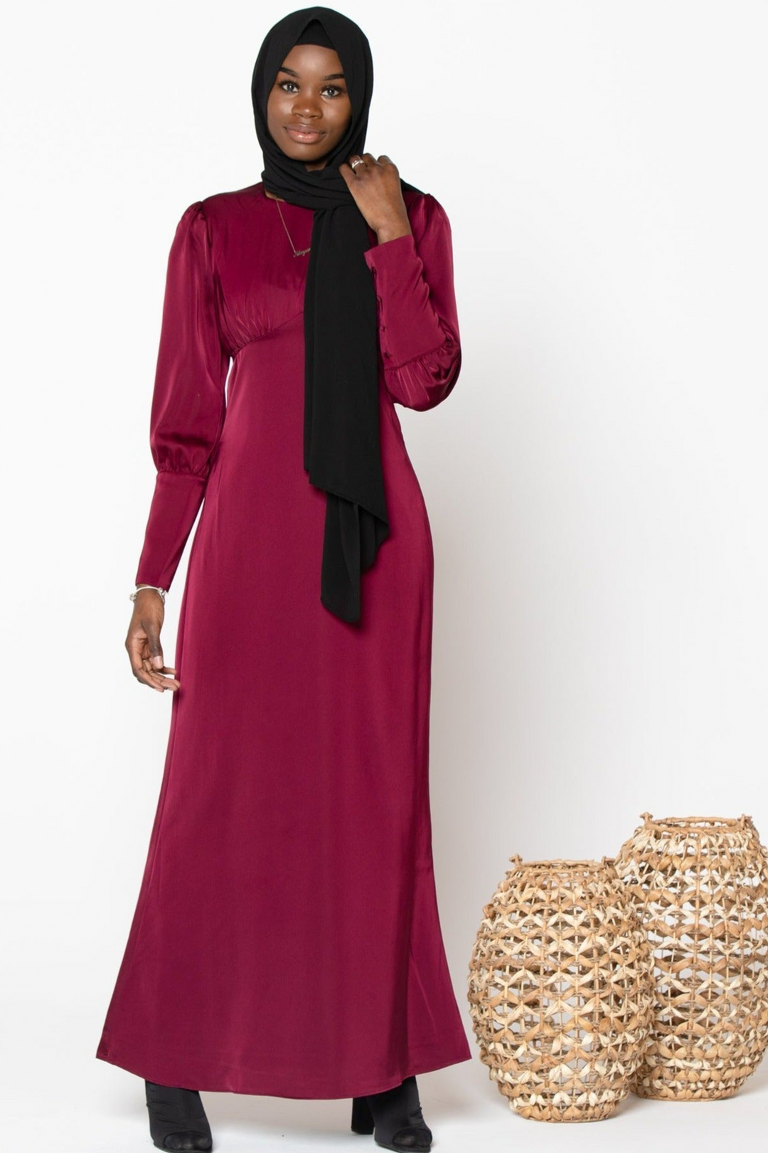 Burgundy satin modest long sleeve maxi dress for elegant occasions