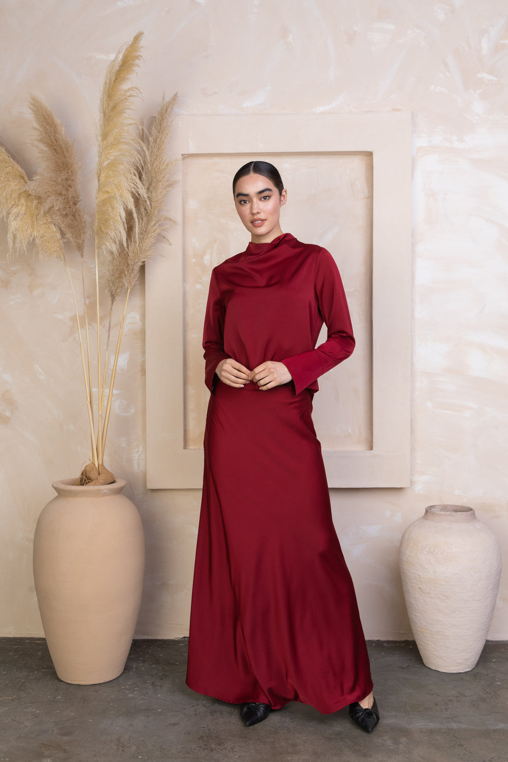 Burgundy cowl neck long-sleeved dress from Maroon Satin Long Sleeve Top & Skirt Set