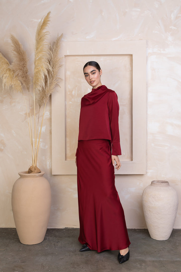 Maroon Satin Long Sleeve Skirt Set