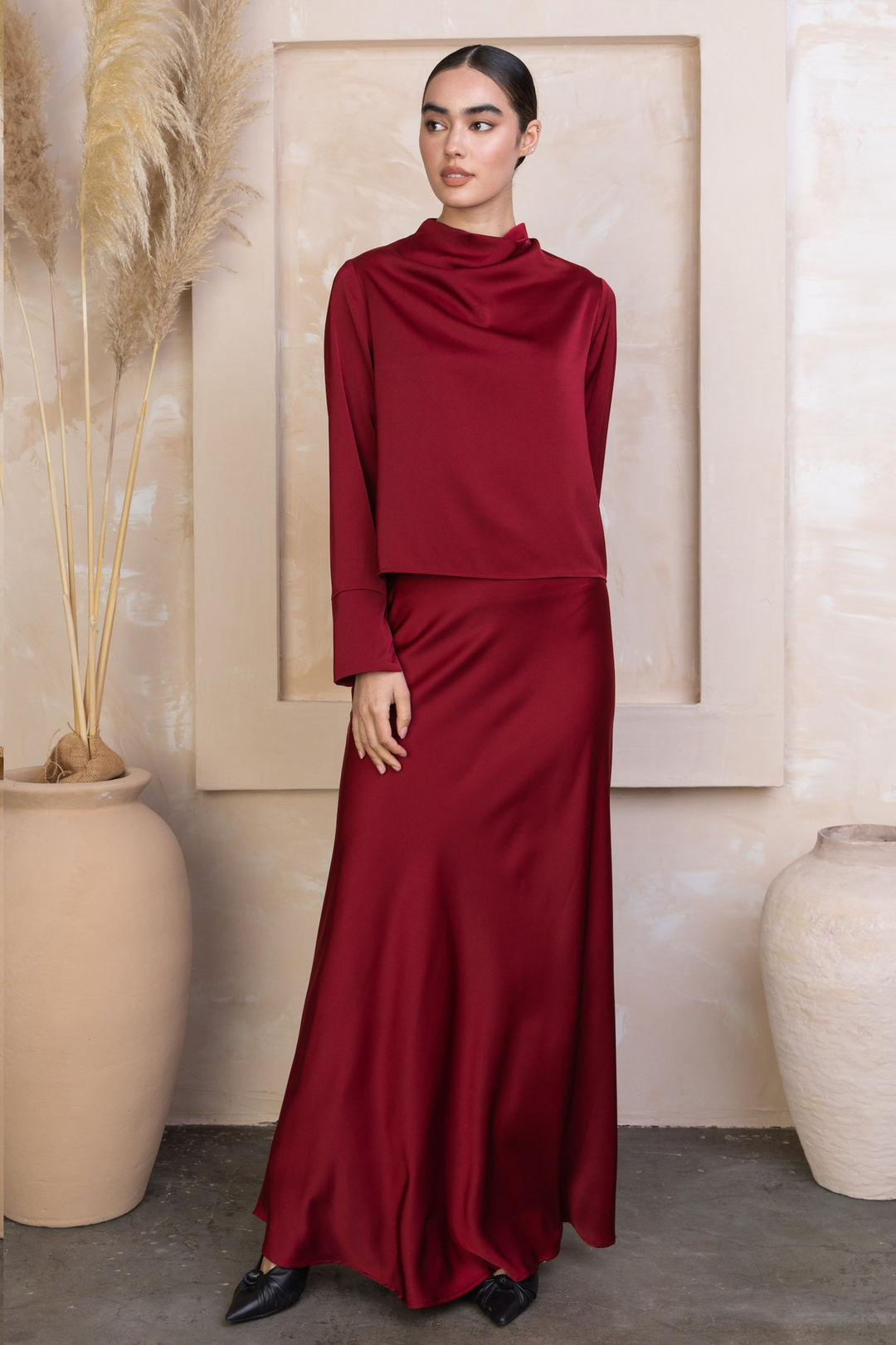 Burgundy satin long sleeve top and skirt set for stylish women’s fashion outfits