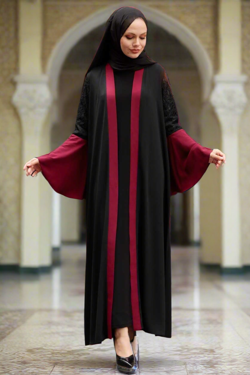 Maroon Trim Lace Open Abaya - Abayas