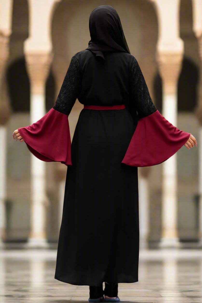 Maroon Trim Lace Open Abaya - Abayas