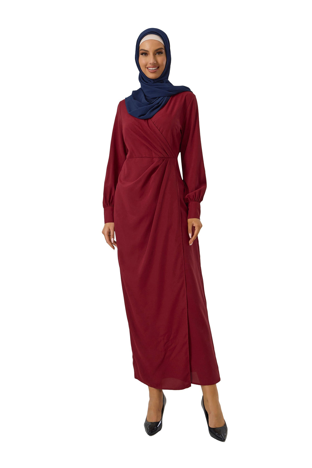 Burgundy long-sleeved Maroon Wrap Maxi Dress with navy hijab and criss cross neckline