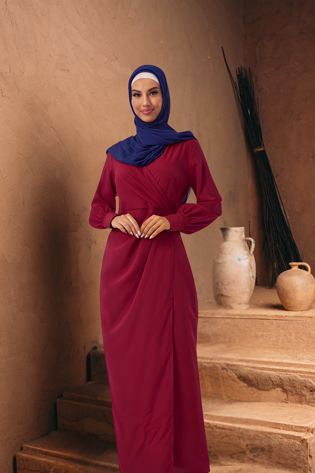 Burgundy wrap maxi dress with criss cross neckline and navy hijab on clearance sale