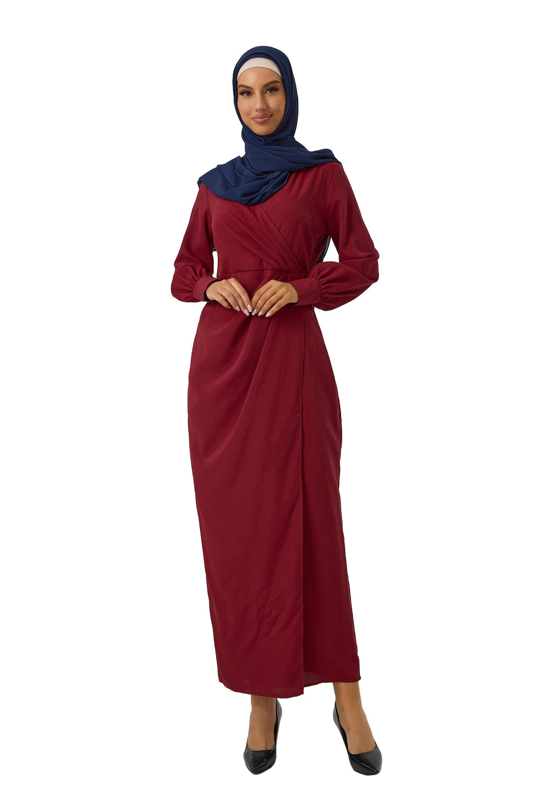 Burgundy modest dress with navy hijab featuring a criss cross neckline wrap maxi design