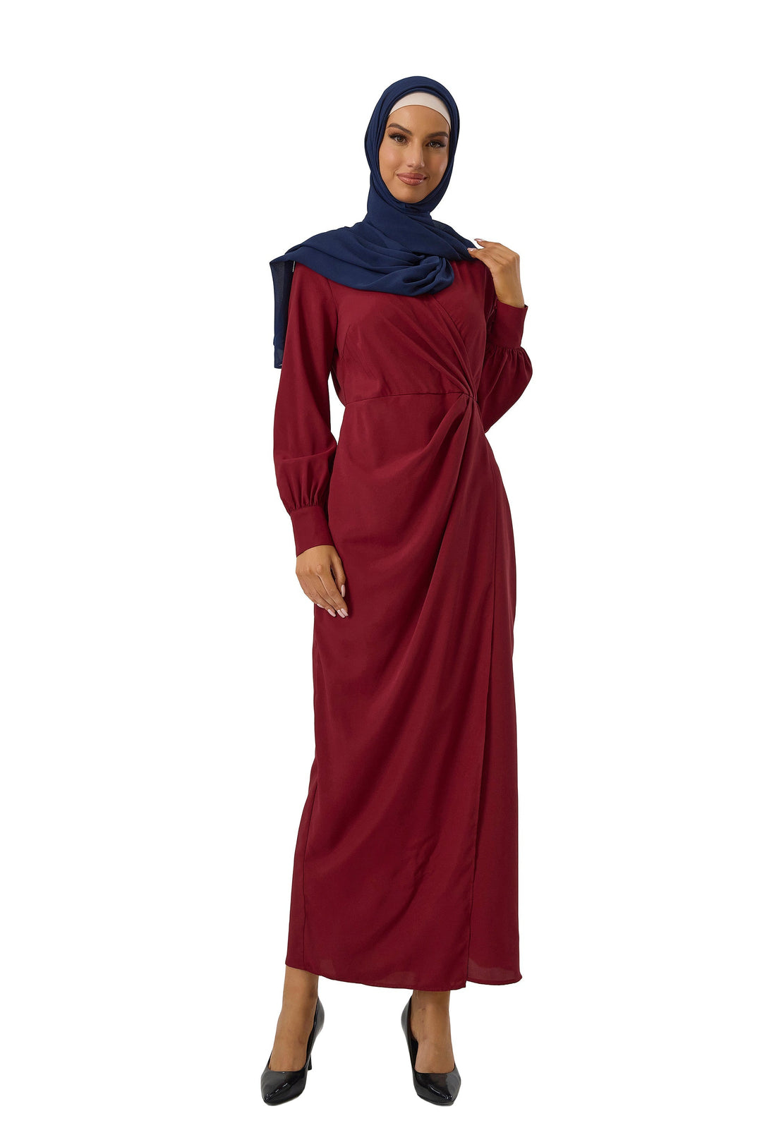 Burgundy modest maroon wrap maxi dress with navy hijab and criss cross neckline