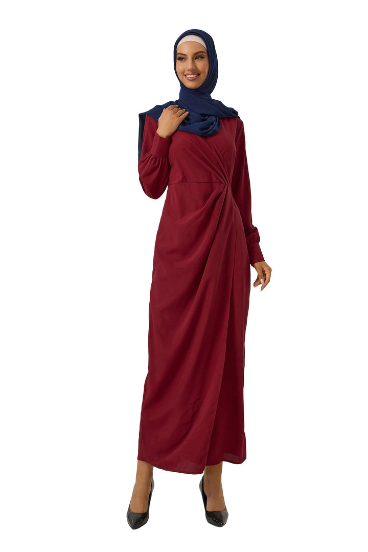 Burgundy long-sleeved wrap maxi dress with criss cross neckline and navy hijab