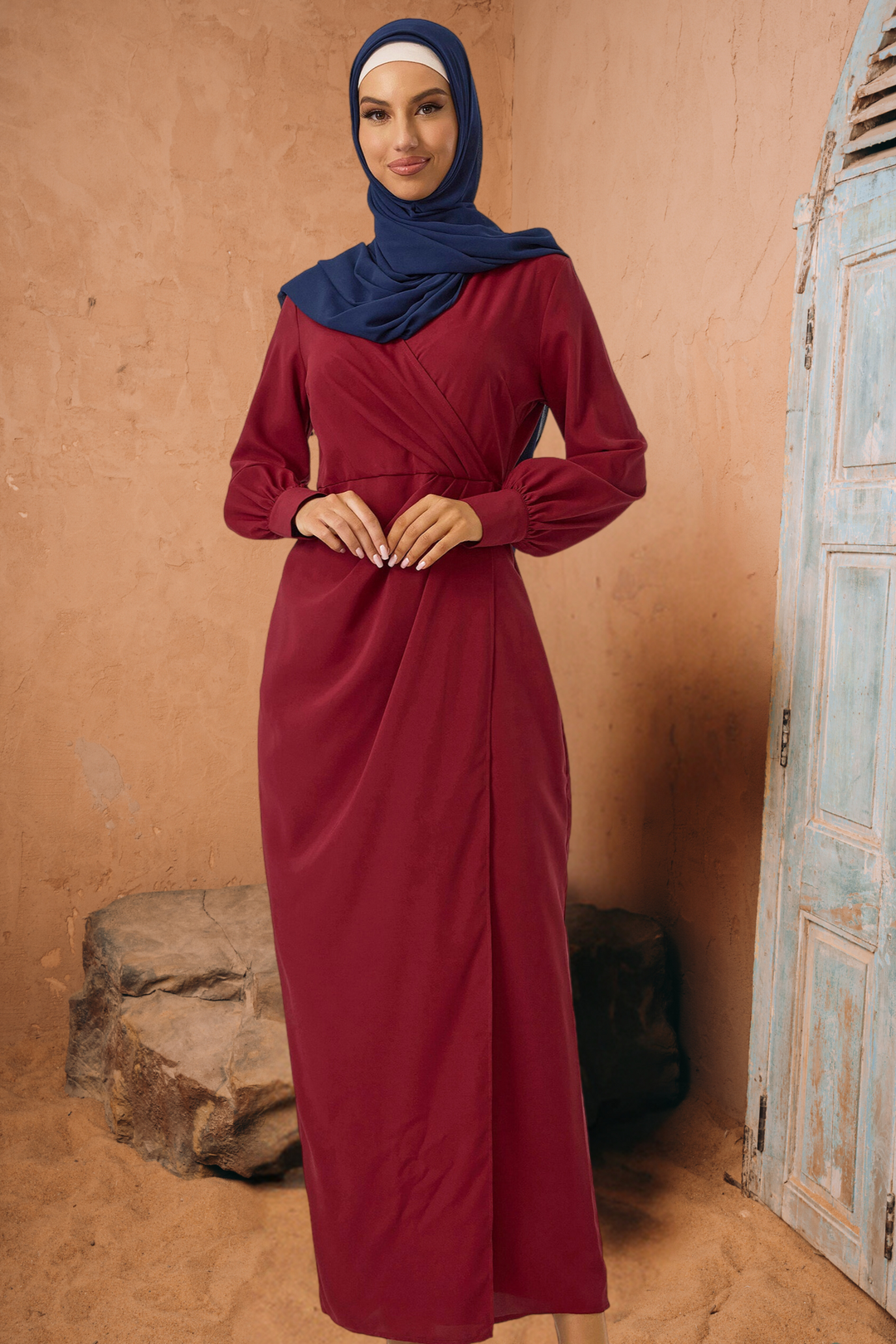 Burgundy modest Maroon Wrap Maxi Dress with navy hijab and criss cross neckline