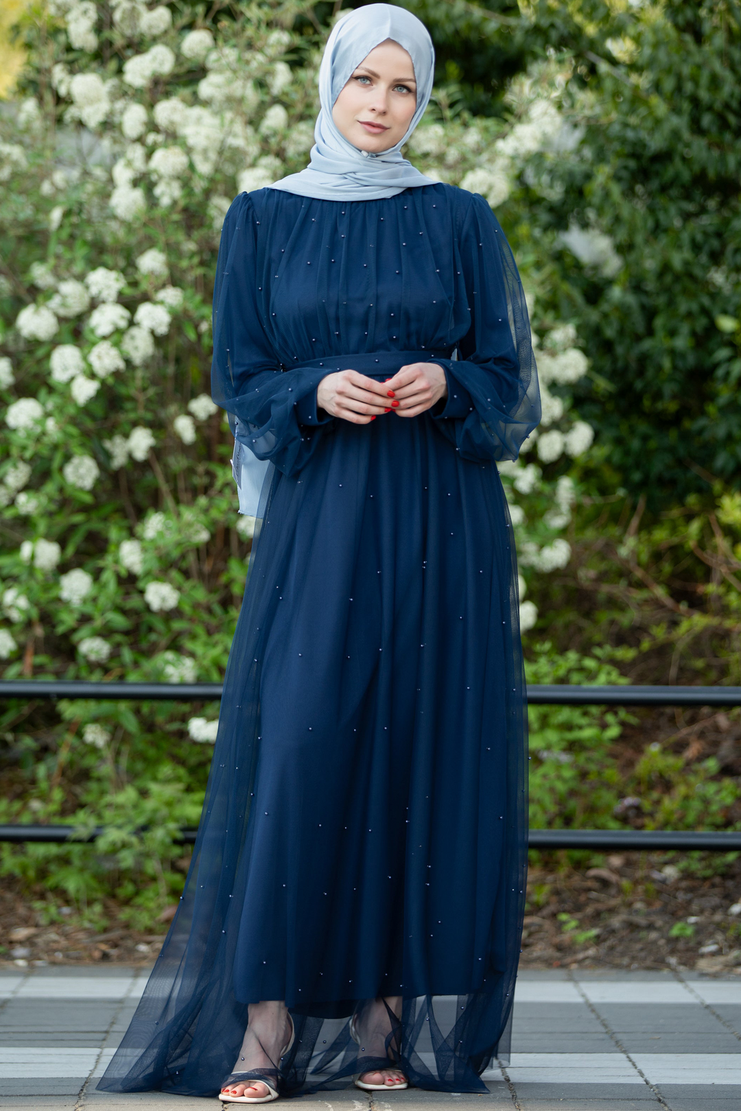 Navy blue beaded long-sleeved modest dress with light blue hijab, Mesh Pearl Long Sleeve Gown