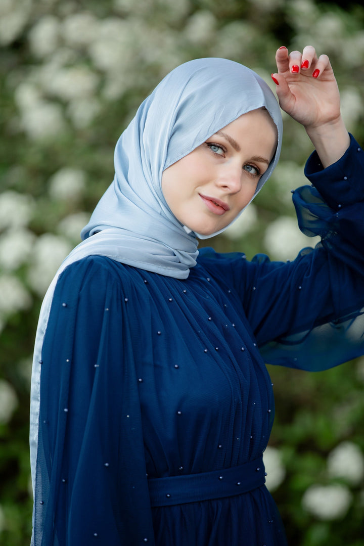 Blue Mesh Pearl Long Sleeve Gown with matching hijab for elegant style