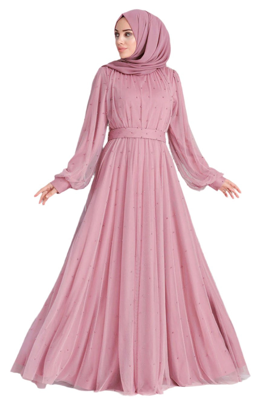 Dusty rose chiffon modest dress featured in Mesh Pearl Long Sleeve Gown collection