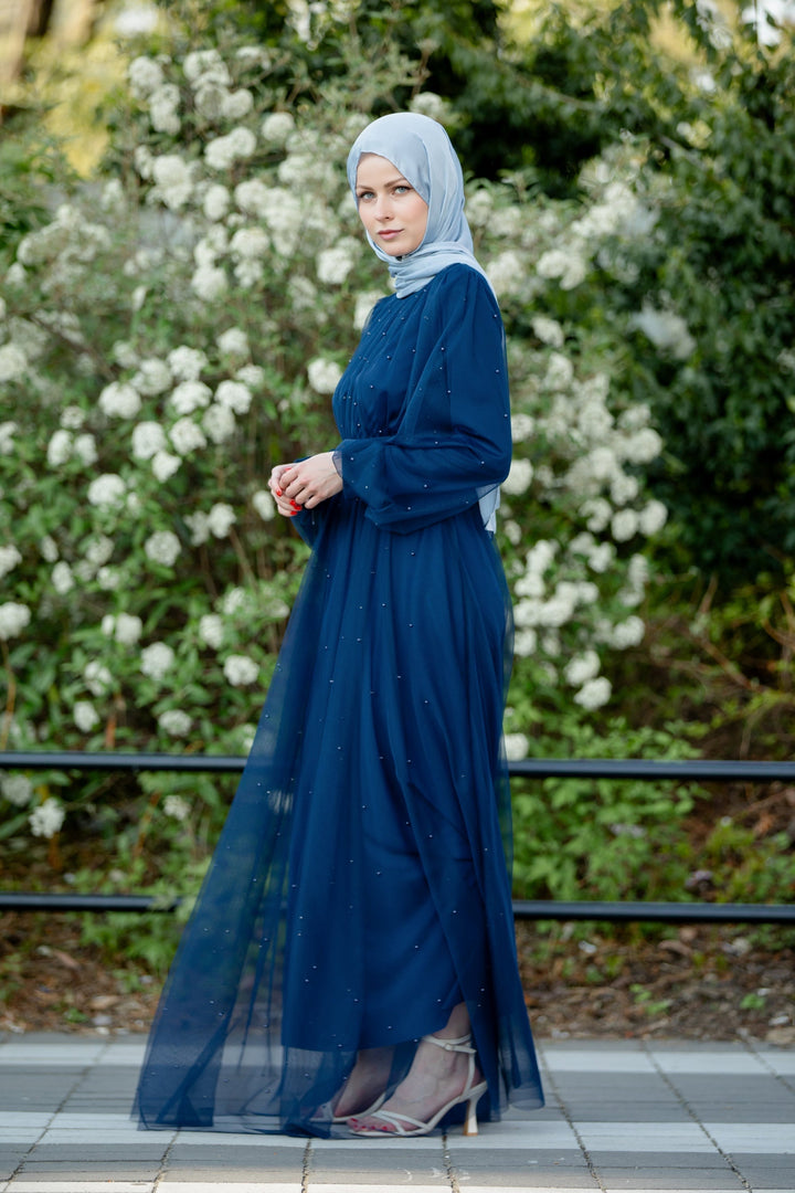 Elegant blue beaded Mesh Pearl Long Sleeve gown with hijab for stylish occasions