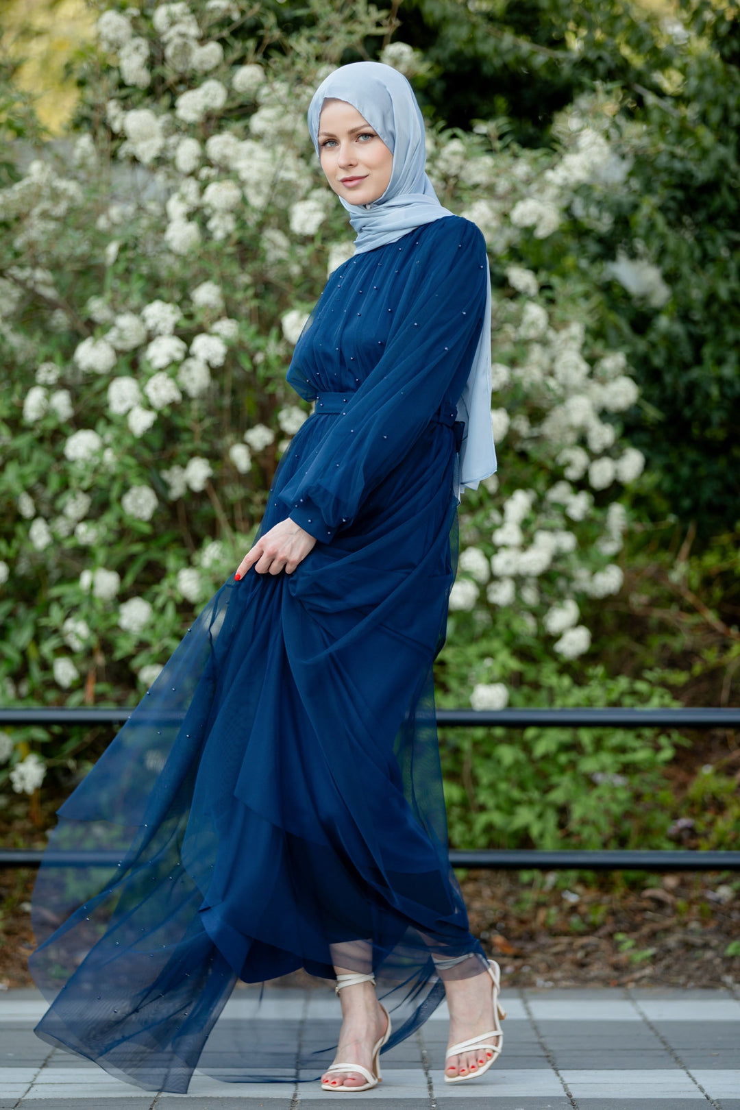 Elegant blue chiffon Mesh Pearl Long Sleeve Gown with stylish hijab for any occasion