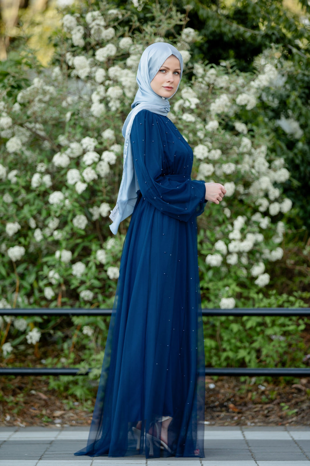 Elegant blue Mesh Pearl Long Sleeve Gown with matching hijab, perfect for any occasion