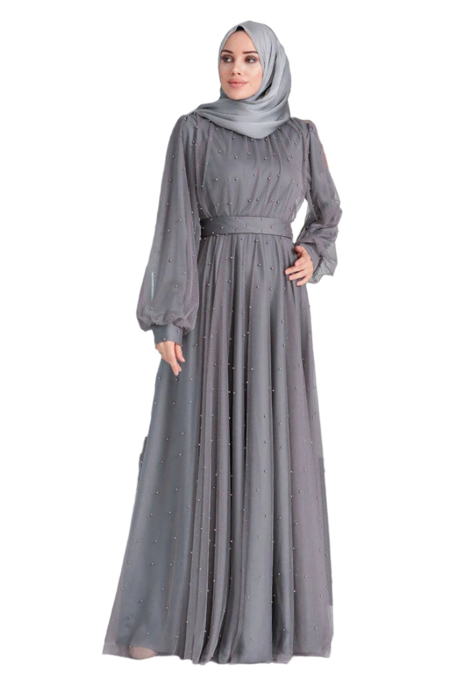 Elegant gray Mesh Pearl Long Sleeve Gown featuring exquisite pearl embellishments