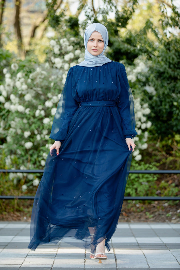 Elegant navy blue Mesh Pearl Long Sleeve Gown available in multiple colors