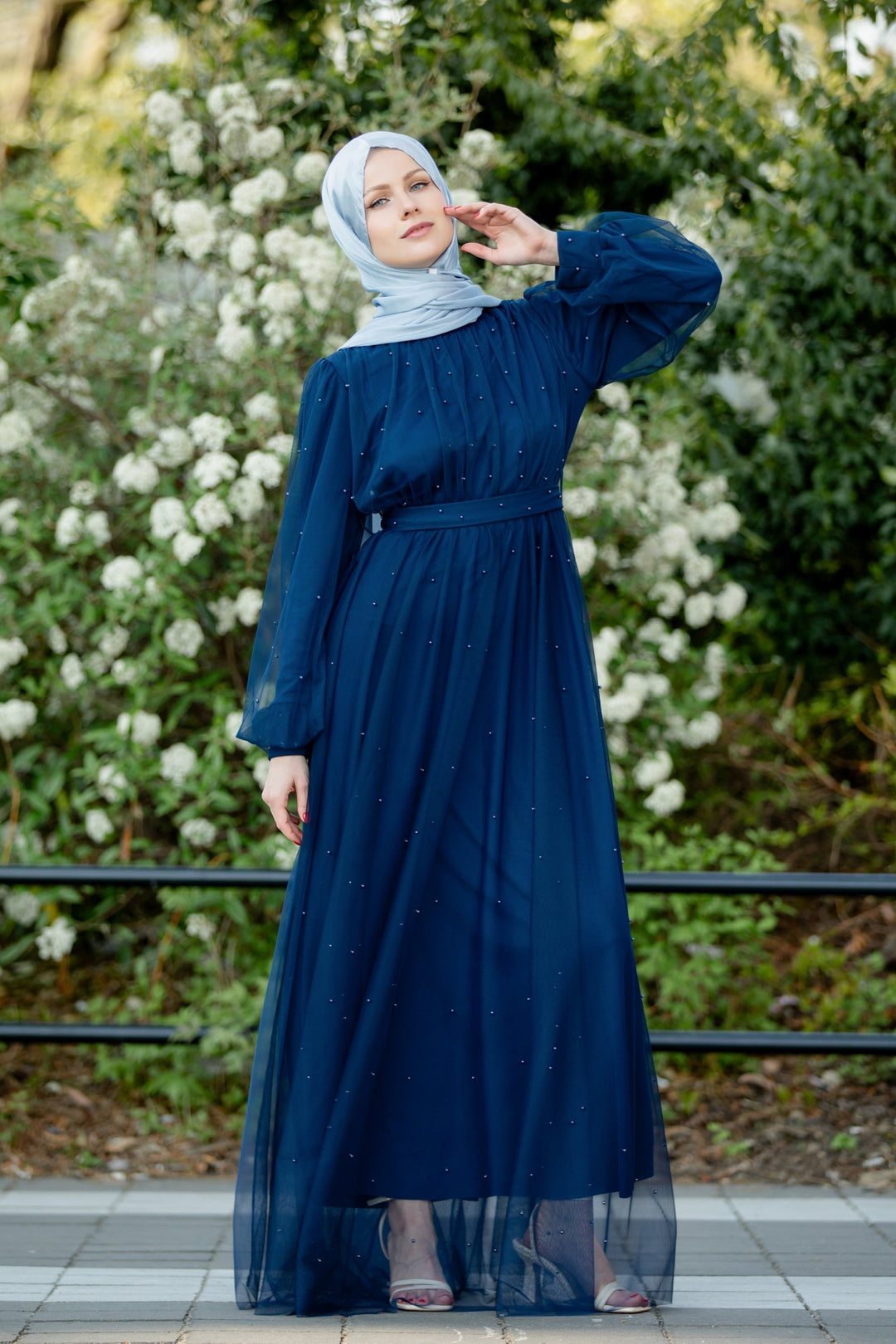 Elegant navy blue Mesh Pearl Long Sleeve Gown with hijab, available in more colors