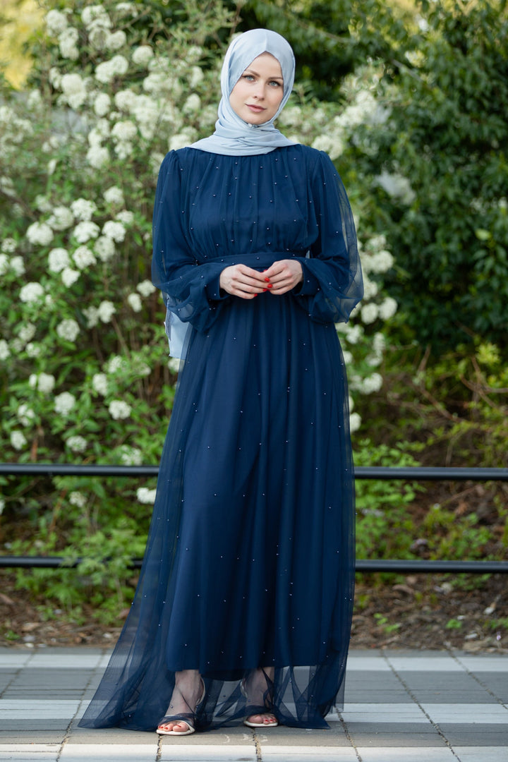 Elegant navy blue Mesh Pearl Long Sleeve Gown with hijab and exquisite beading