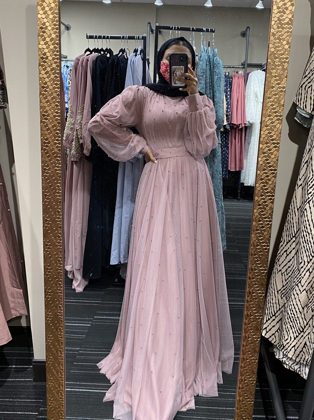 Long pink embellished Mesh Pearl Long Sleeve Gown displayed with multiple color options