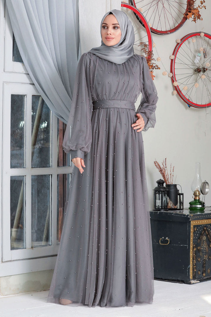 Gray beaded chiffon dress featured in Mesh Pearl Long Sleeve Gown More Colors