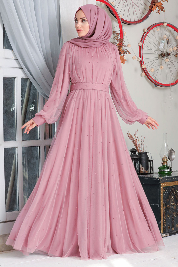 Pink long-sleeved modest dress featuring a stylish Mesh Pearl Long Sleeve design