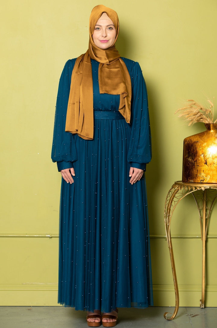 Teal Mesh Pearl Long Sleeve Gown with Gold Hijab for elegant occasions