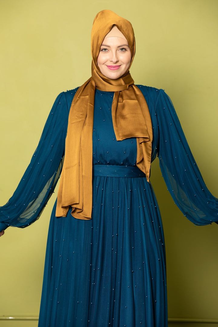 Teal Mesh Pearl Long Sleeve Gown with Gold Hijab for elegant style and comfort