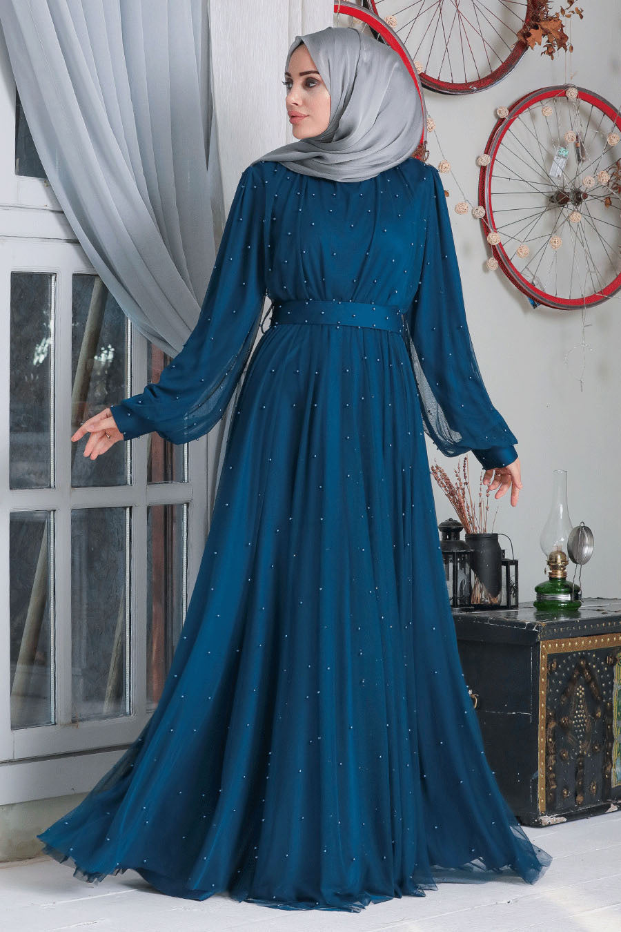 Teal Mesh Pearl Long Sleeve Gown with Hijab and Beaded Details