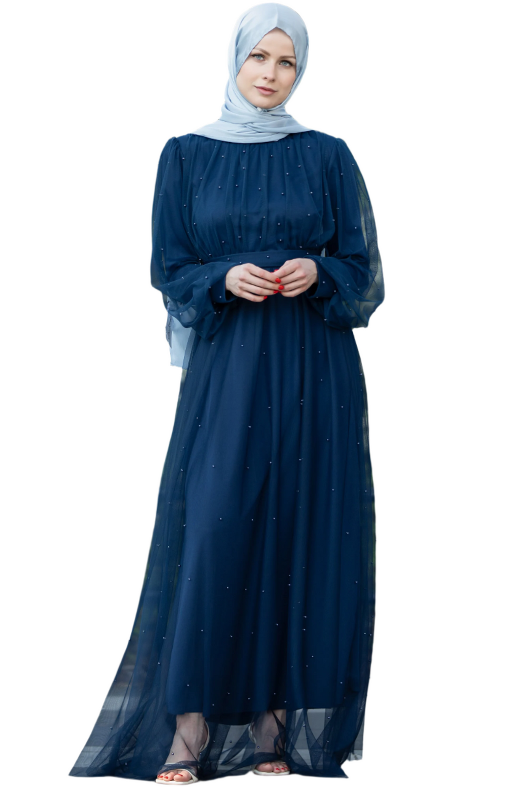 Woman in a blue beaded Mesh Pearl Long Sleeve Gown with hijab