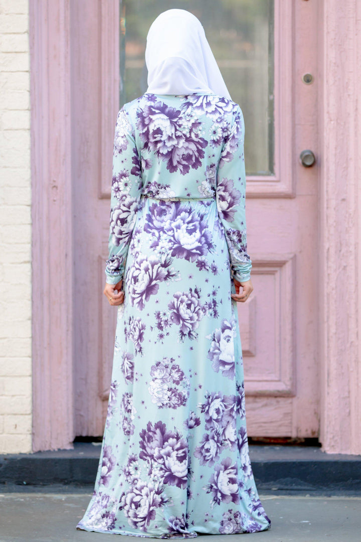 Mint Floral Drawstring Long Sleeve Maxi Dress-CLEARANCE