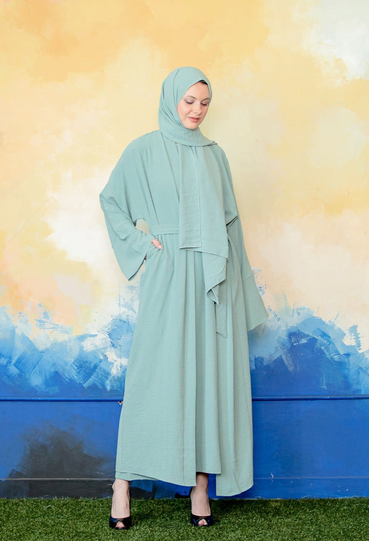 Mint green modest dress from the Mint Four Piece Open Abaya Set for elegant style