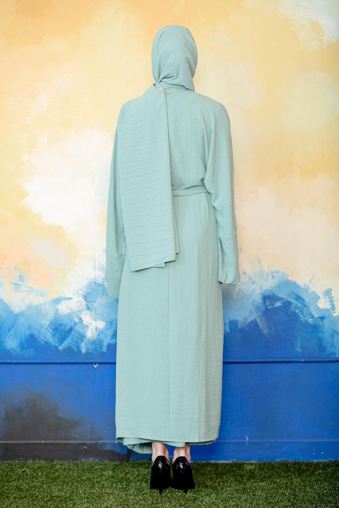 Mint Four Piece Open Abaya Set featuring a modest mint green dress with hijab