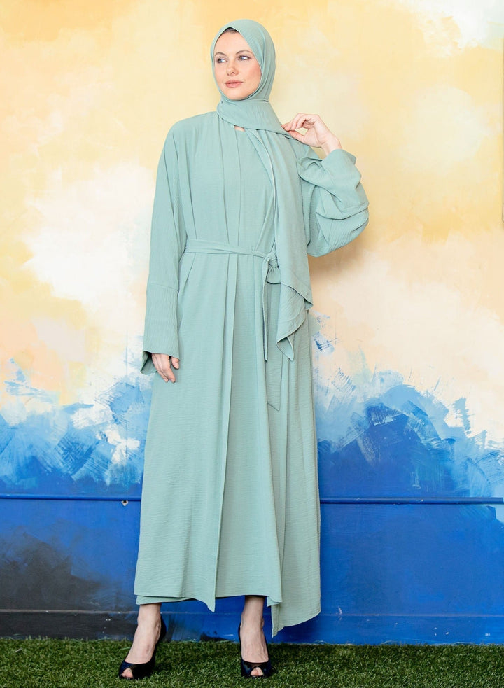 Mint green modest dress with hijab in Mint Four Piece Open Abaya Set