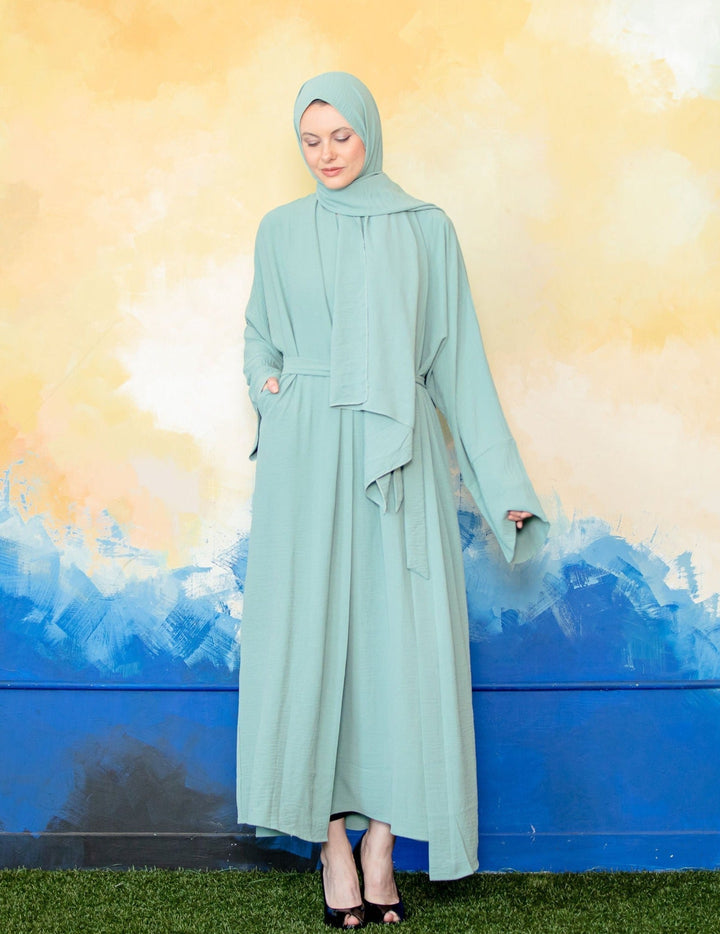 Mint green modest dress with hijab in Mint Four Piece Open Abaya Set