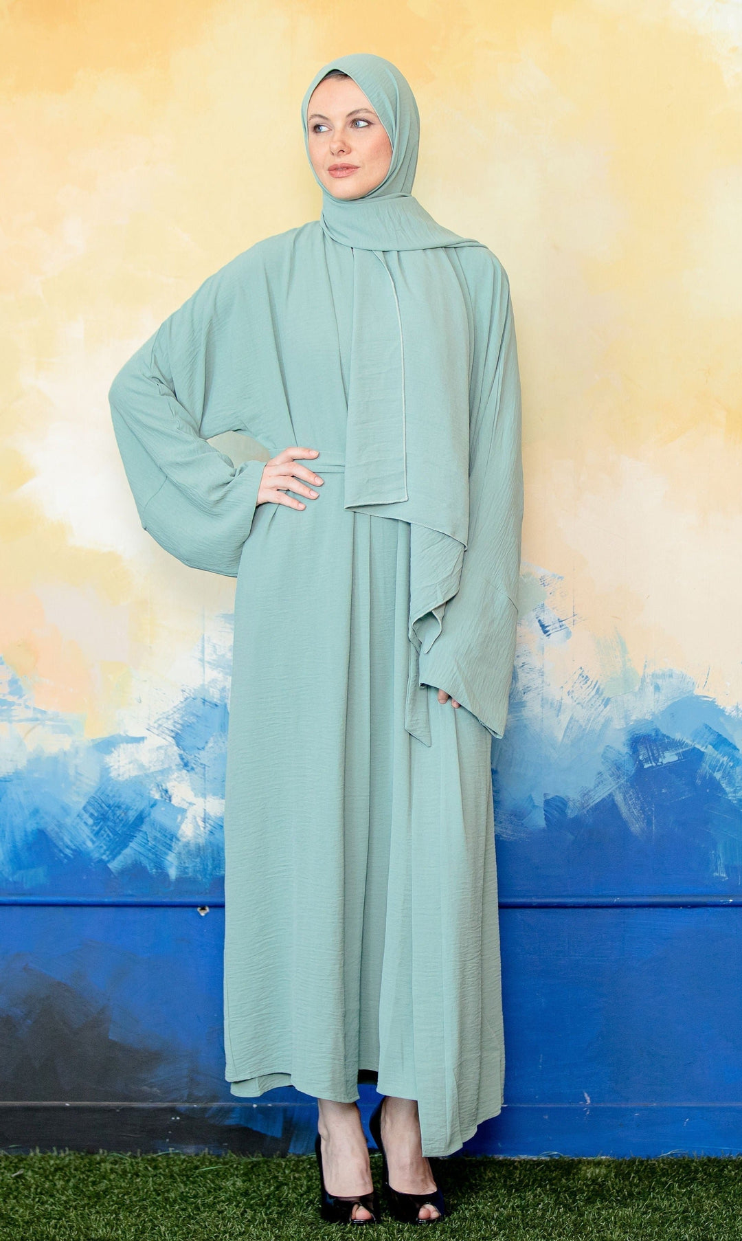 Mint green modest dress and hijab from the Mint Four Piece Open Abaya Set