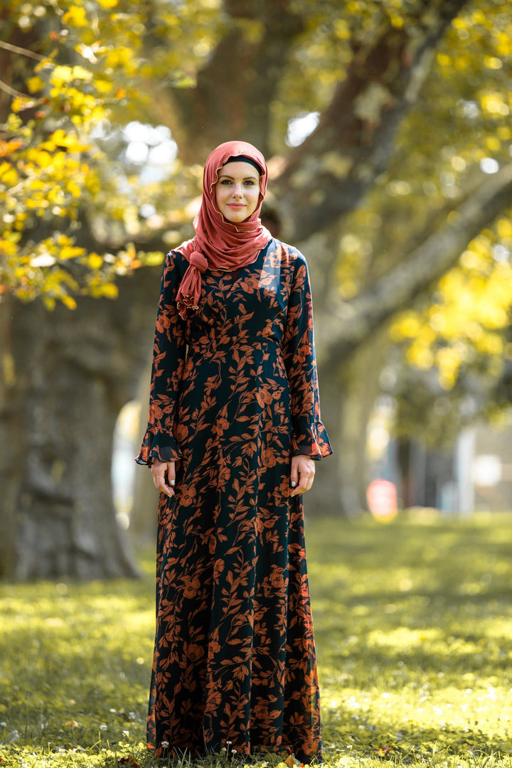 Floral long-sleeved caramel flutter maxi dress with matching hijab for stylish looks