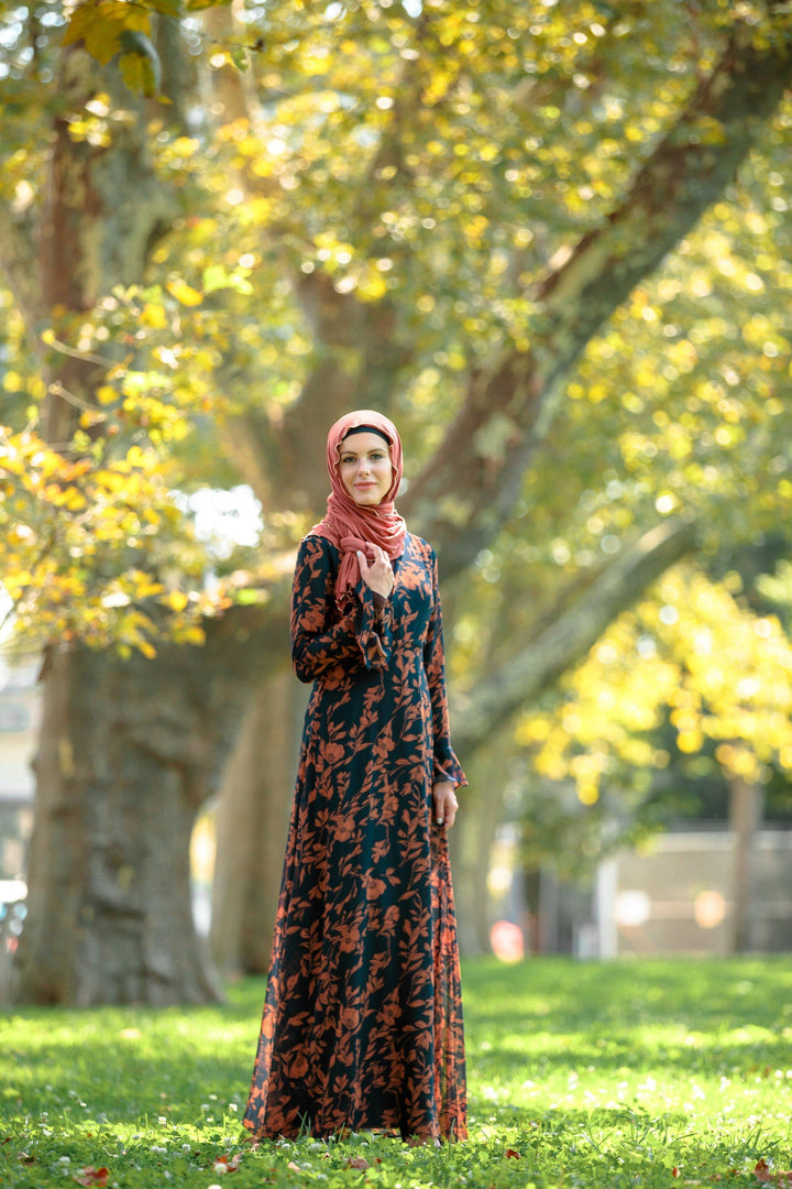 Floral print Navy and Caramel Flutter Long Sleeve Maxi Dress with hijab displayed