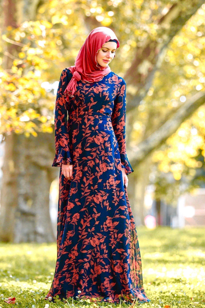 Floral print Navy and Caramel Flutter Long Sleeve Maxi Dress with hijab on display