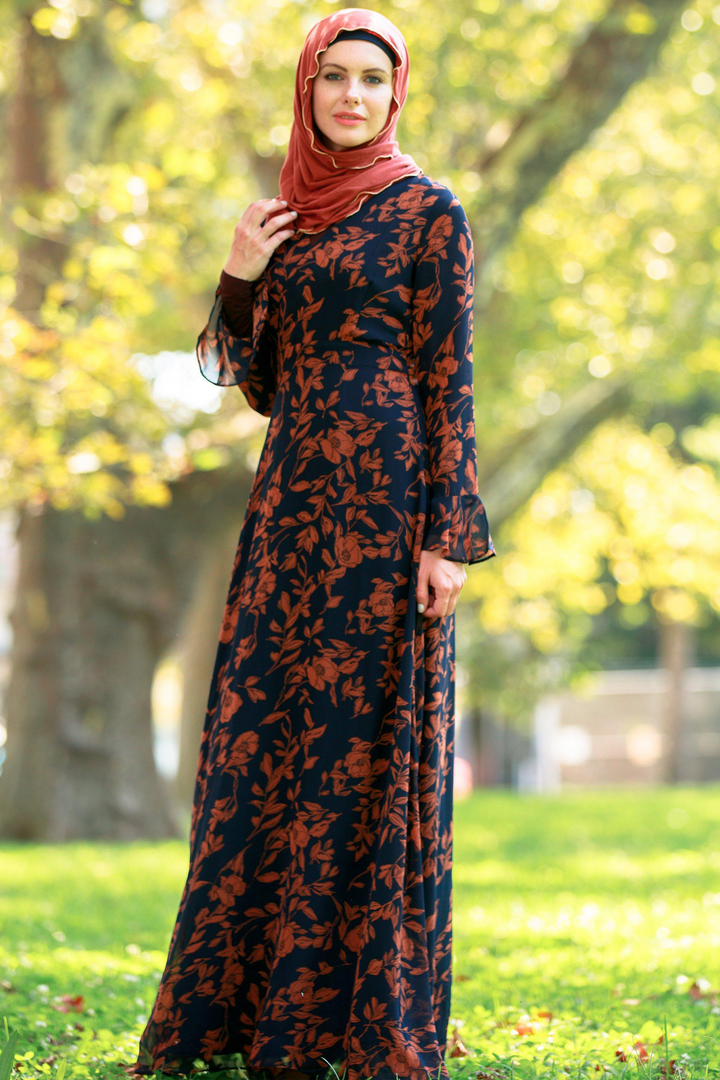 Navy and Caramel Flutter Long Sleeve Maxi Dress with Hijab for stylish modest fashion