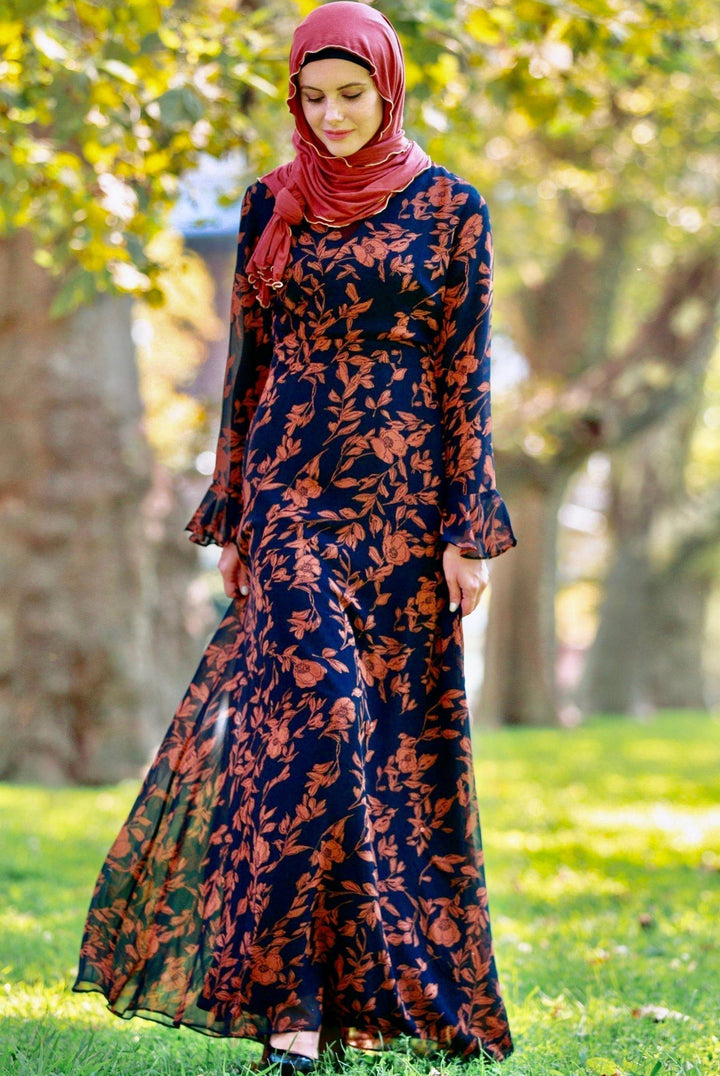 Floral print Navy and Caramel Flutter Long Sleeve Maxi Dress with hijab on display