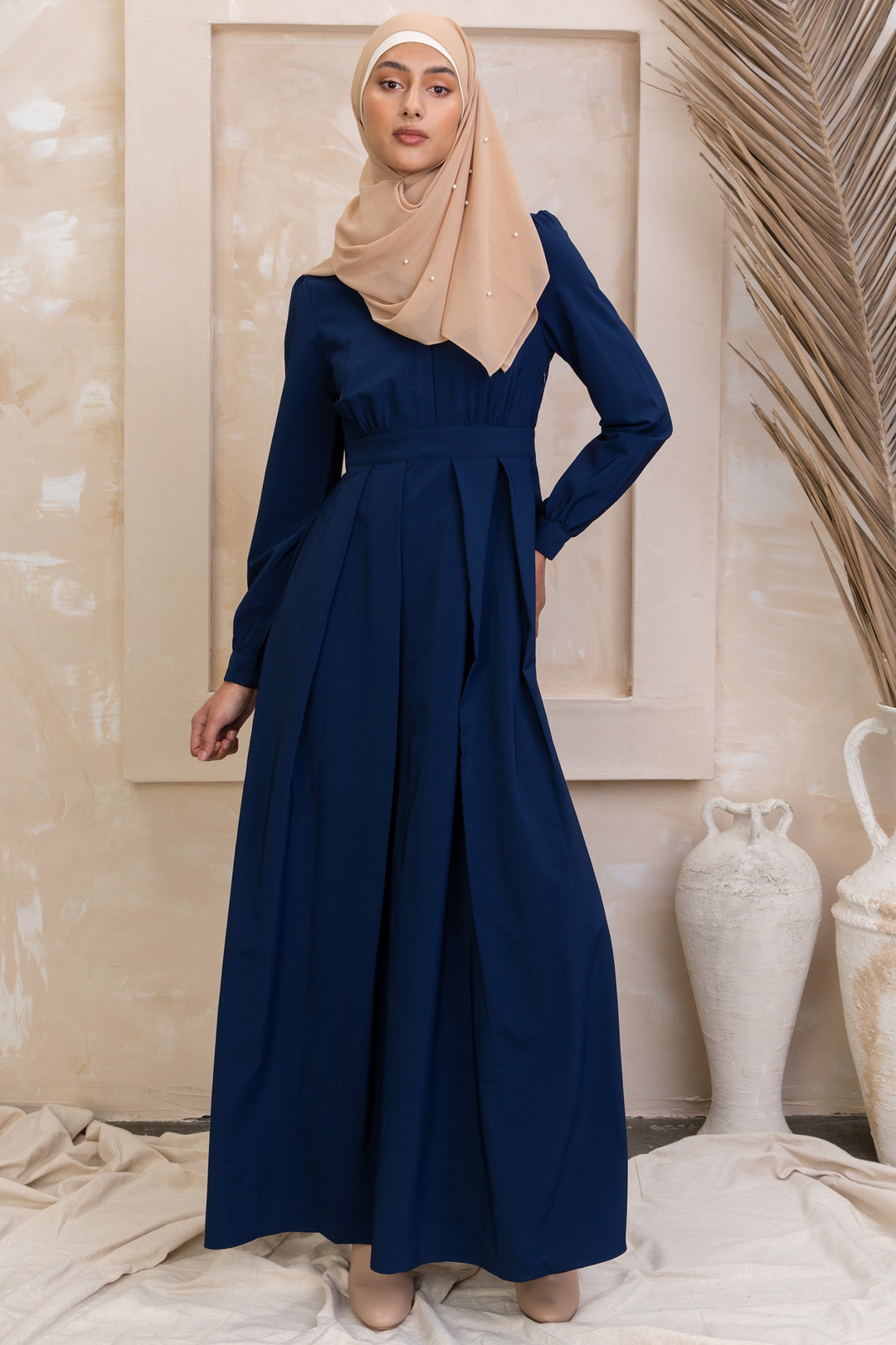 Navy Blue Lattice Abaya Maxi Dress styled with a matching hijab for modest fashion