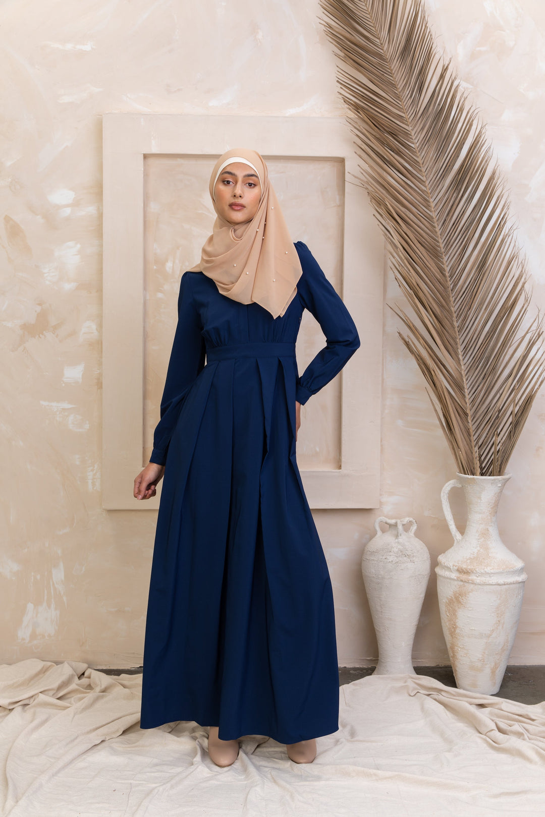 Navy Blue Lattice Abaya Maxi Dress featuring zipper closure for urban modesty and style